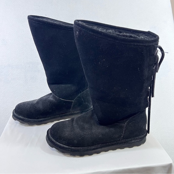 Bearpaw Boots Womens 9 Black Mid Calf Suede Faux Fur Trim Pull On Lace Up - Picture 3 of 10